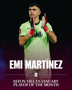 Hoàn thành 3 trận giữ sạch lưới trong 4 trận! Chính thức: Martinez được vinh danh là Cầu thủ xuất sắc nhất tháng 1 của Villa