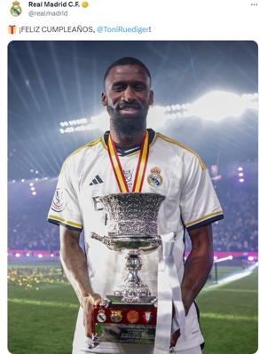 Real Madrid chúc Rudiger sinh nhật vui vẻ ở tuổi 31. Cầu thủ này đã chơi 85 trận cho đội bóng và giành 4 chức vô địch.