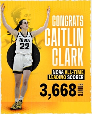 ! Caitlin Clark đăng quang người dẫn đầu về thành tích ghi bàn mọi thời đại của bóng rổ nam và nữ của NCAA